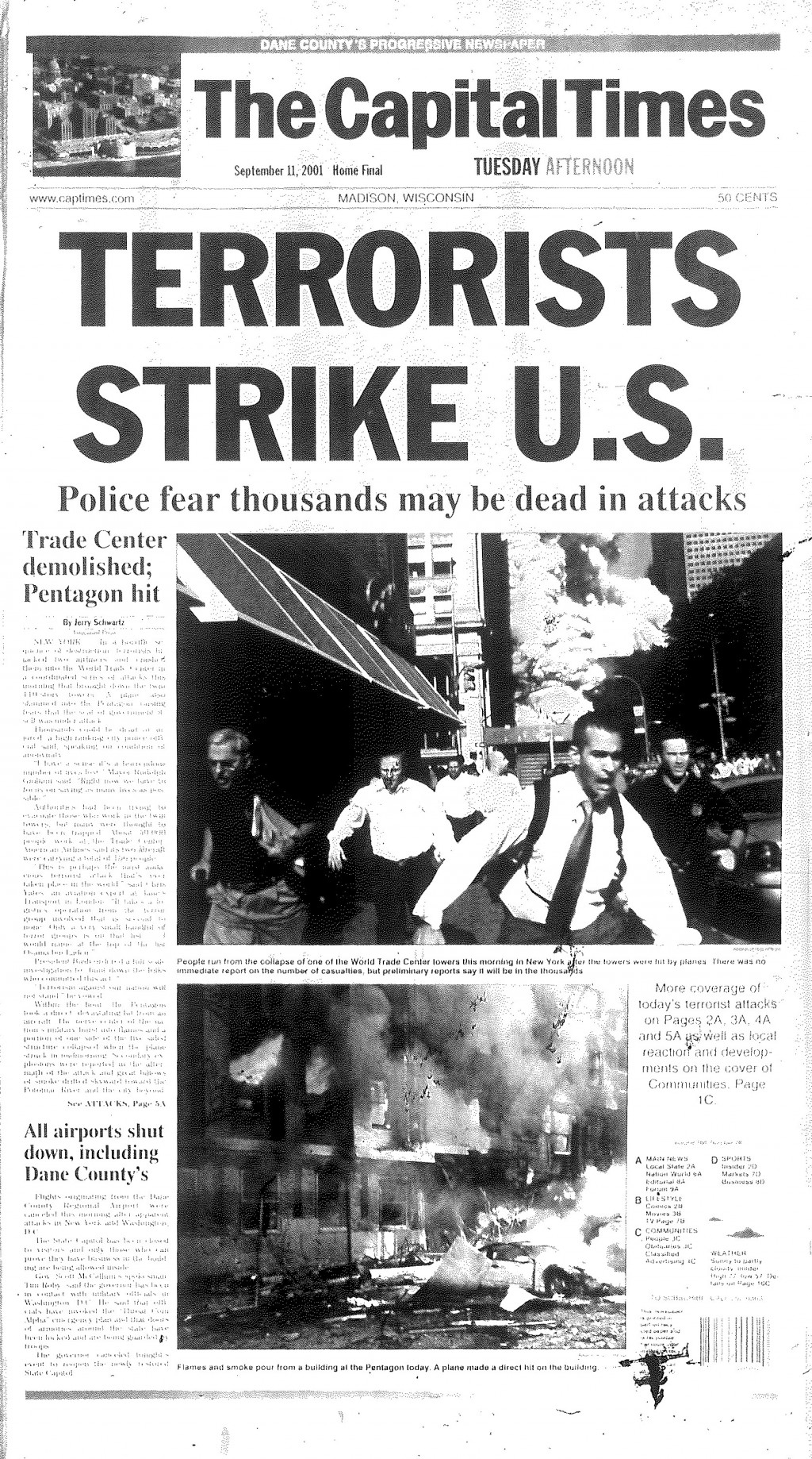 Capital Times front page from Sept. 11, 2001